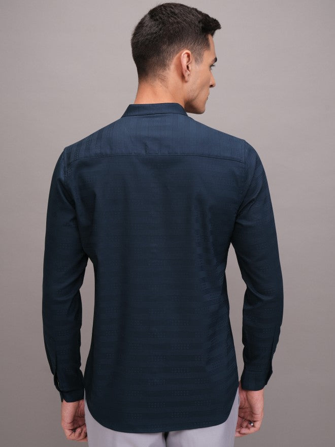 Highlander Men Navy Blue Striped Regular Fit Casual Shirt - Navy Blue - Image 3