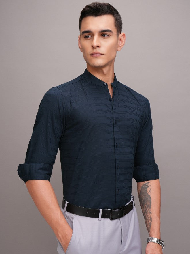 Highlander Men Navy Blue Striped Regular Fit Casual Shirt - Navy Blue - Image 6