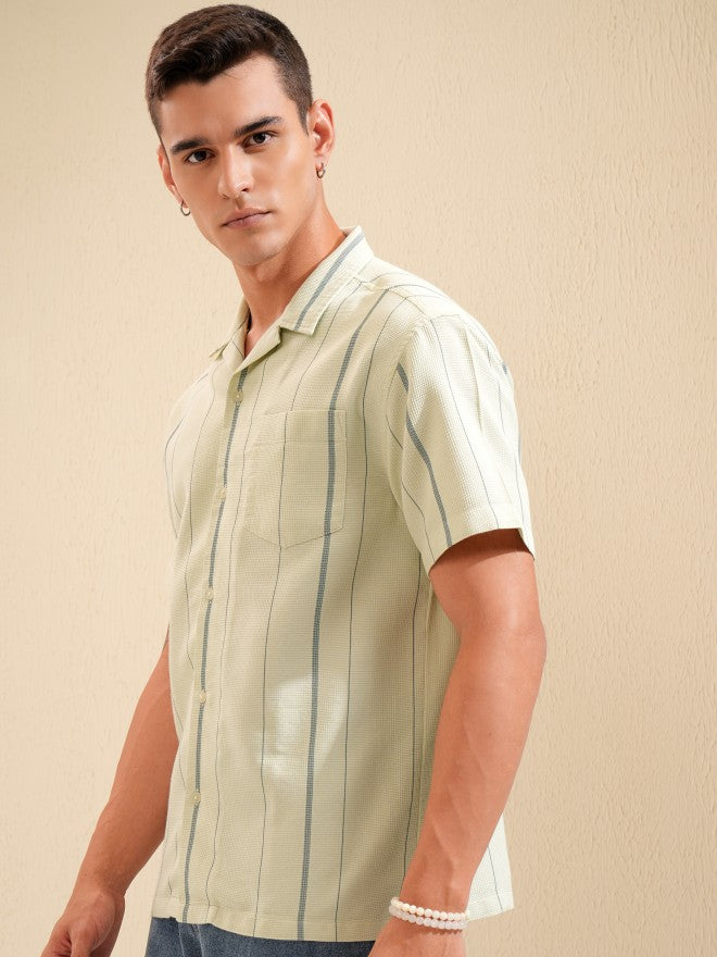 Highlander Men Green Striped Relaxed Fit Casual Shirt - Green - Image 4