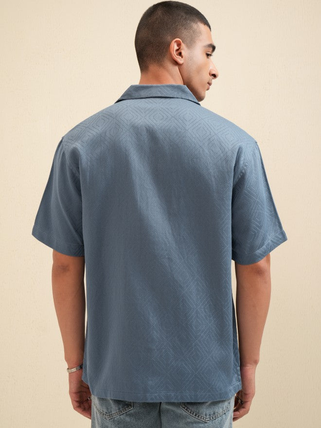 Highlander Men Blue Textured Relaxed Fit Casual Shirt - Blue - Image 3