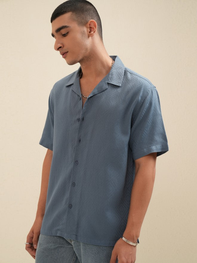 Highlander Men Blue Textured Relaxed Fit Casual Shirt - Blue - Image 4