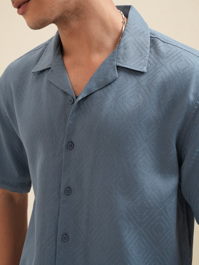 Highlander Men Blue Textured Relaxed Fit Casual Shirt - Blue - Image 5