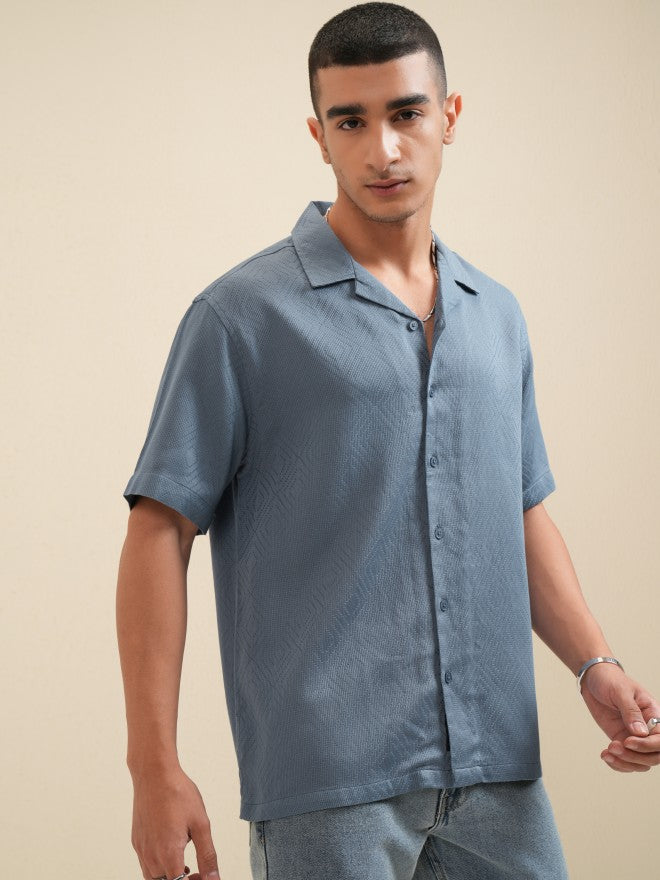 Highlander Men Blue Textured Relaxed Fit Casual Shirt - Blue - Image 6