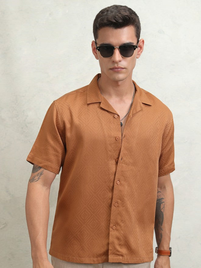 Highlander Men Brown Textured Relaxed Fit Casual Shirt - Brown - Image 6