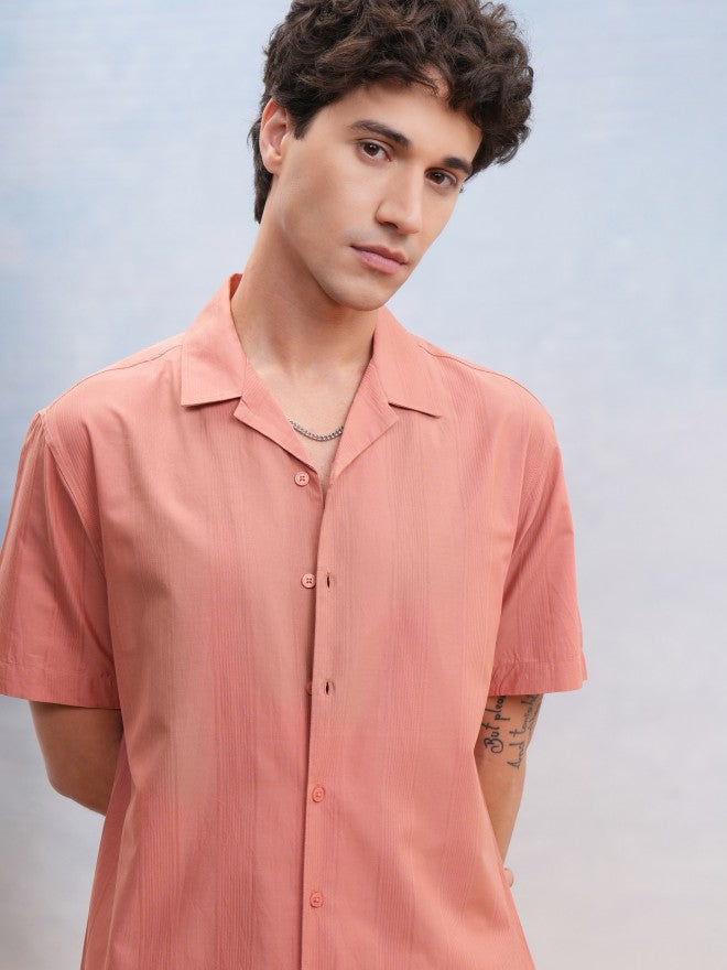 Highlander Men Peach Textured Relaxed Fit Casual Shirt - Peach - Image 1