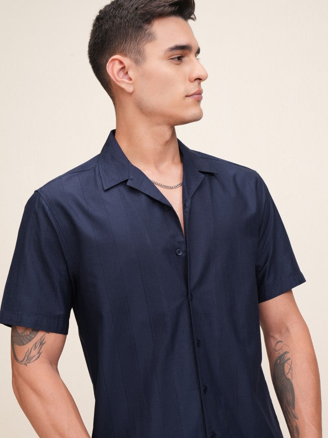 Highlander Men Navy Blue Textured Relaxed Fit Casual Shirt - Navy Blue - Image 1