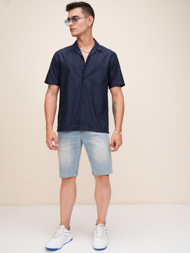 Highlander Men Navy Blue Textured Relaxed Fit Casual Shirt - Navy Blue - Image 2