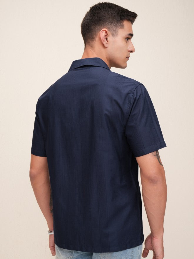 Highlander Men Navy Blue Textured Relaxed Fit Casual Shirt - Navy Blue - Image 3