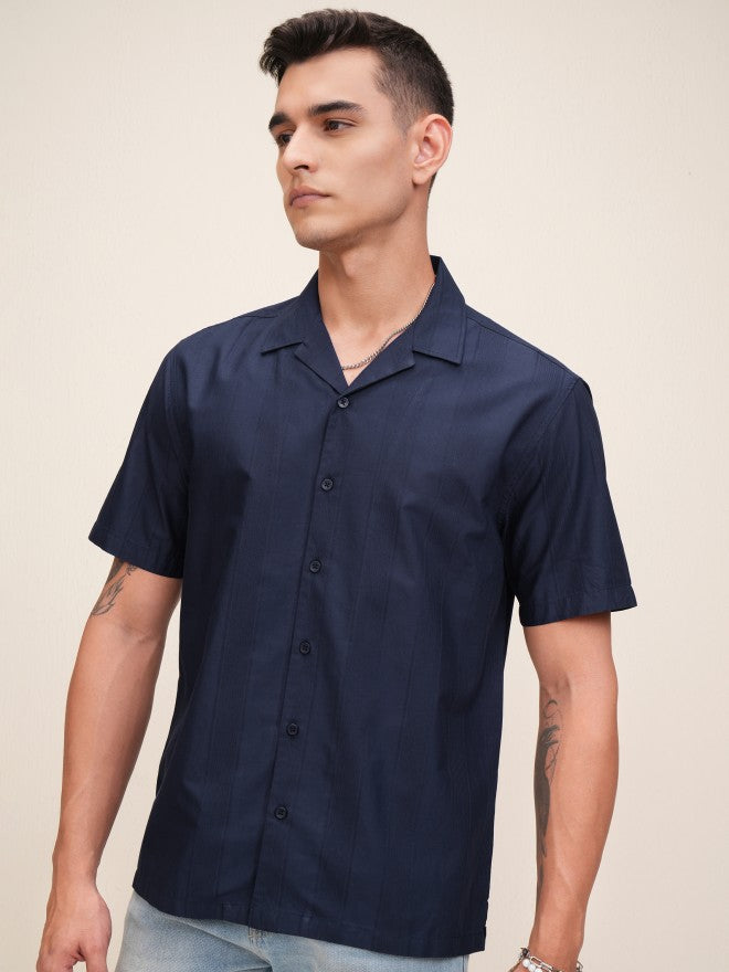 Highlander Men Navy Blue Textured Relaxed Fit Casual Shirt - Navy Blue - Image 4