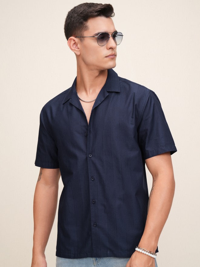 Highlander Men Navy Blue Textured Relaxed Fit Casual Shirt - Navy Blue - Image 6