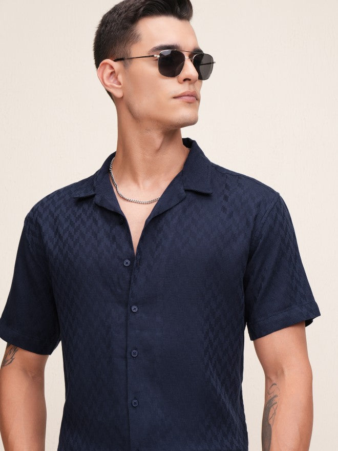 Highlander Men Navy Blue Textured Relaxed Fit Casual Shirt - Navy Blue - Image 1
