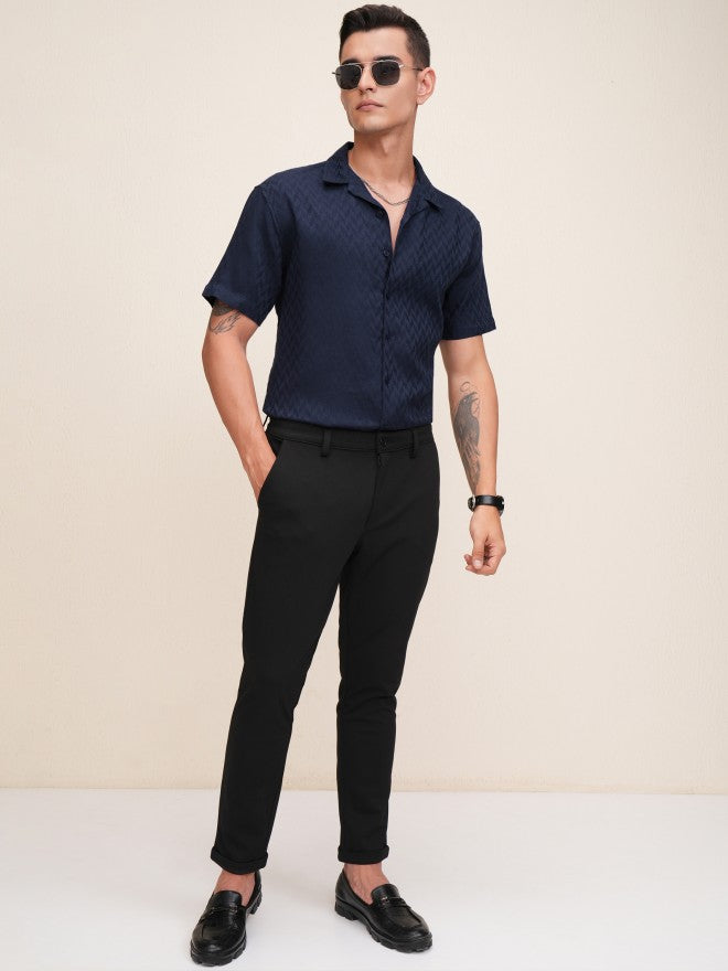 Highlander Men Navy Blue Textured Relaxed Fit Casual Shirt - Navy Blue - Image 2