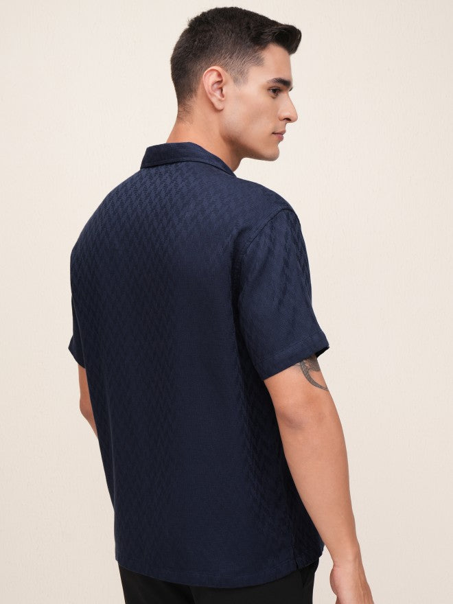 Highlander Men Navy Blue Textured Relaxed Fit Casual Shirt - Navy Blue - Image 3