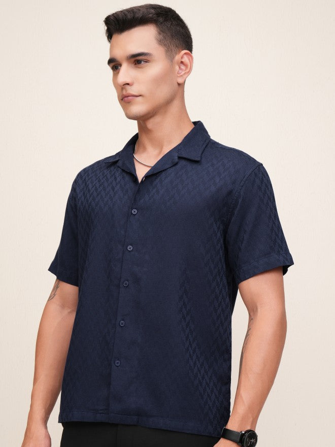 Highlander Men Navy Blue Textured Relaxed Fit Casual Shirt - Navy Blue - Image 4