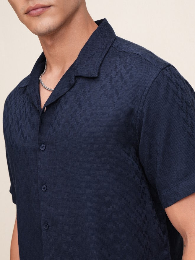 Highlander Men Navy Blue Textured Relaxed Fit Casual Shirt - Navy Blue - Image 5