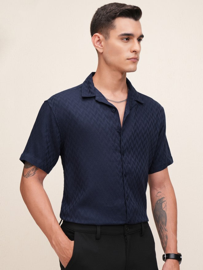 Highlander Men Navy Blue Textured Relaxed Fit Casual Shirt - Navy Blue - Image 6