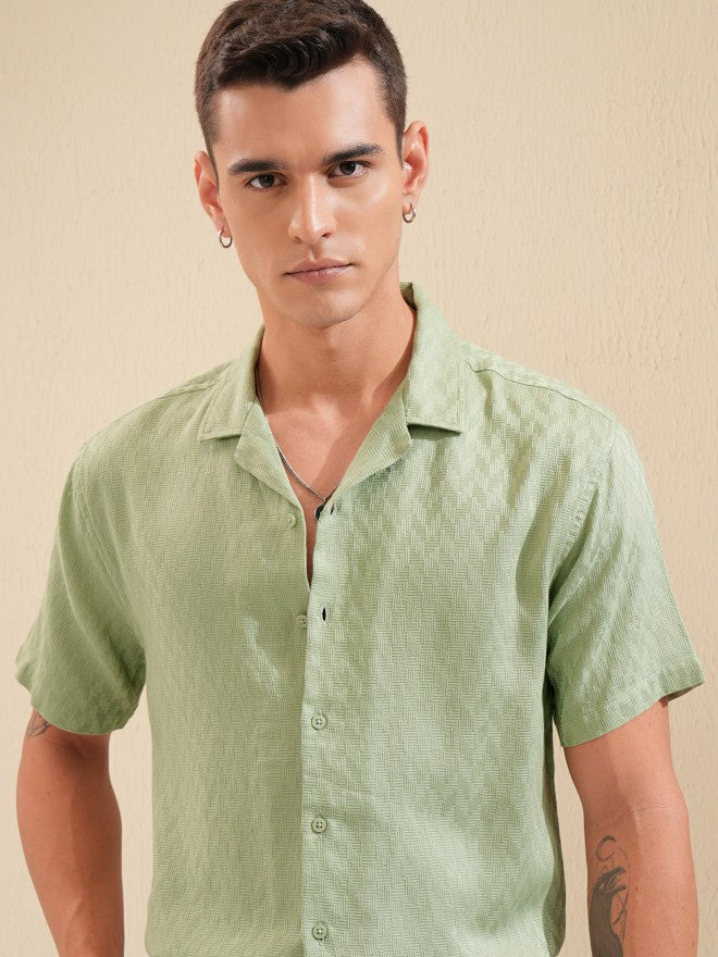 Highlander Men Green Textured Relaxed Fit Casual Shirt - Green - Image 1