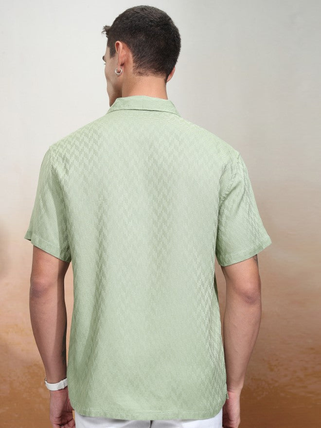 Highlander Men Green Textured Relaxed Fit Casual Shirt - Green - Image 3