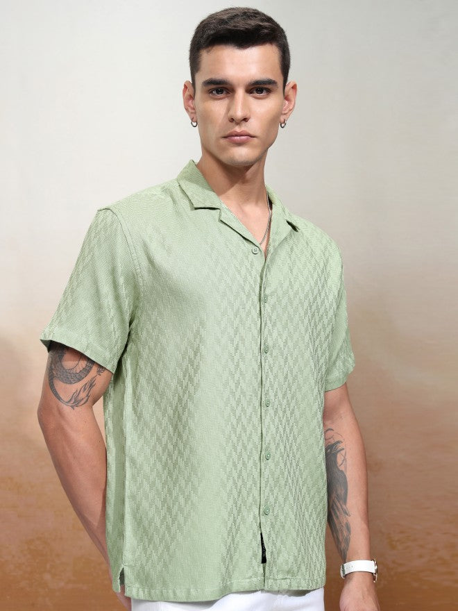 Highlander Men Green Textured Relaxed Fit Casual Shirt - Green - Image 6
