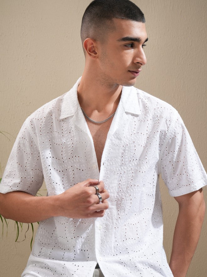 Highlander Men White Textured Relaxed Fit Casual Shirt - White - Image 1