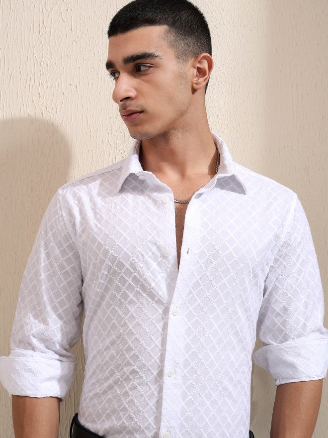 Highlander Men White Textured Slim Fit Casual Shirt - White - Image 1
