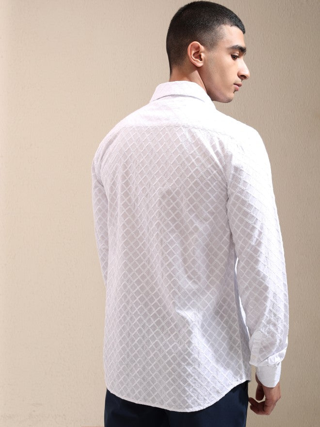 Highlander Men White Textured Slim Fit Casual Shirt - White - Image 3