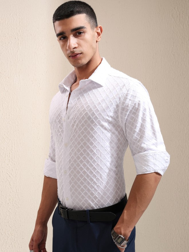 Highlander Men White Textured Slim Fit Casual Shirt - White - Image 4