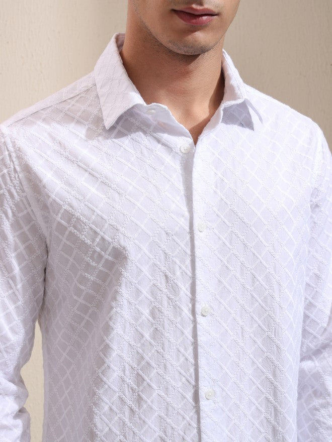 Highlander Men White Textured Slim Fit Casual Shirt - White - Image 5