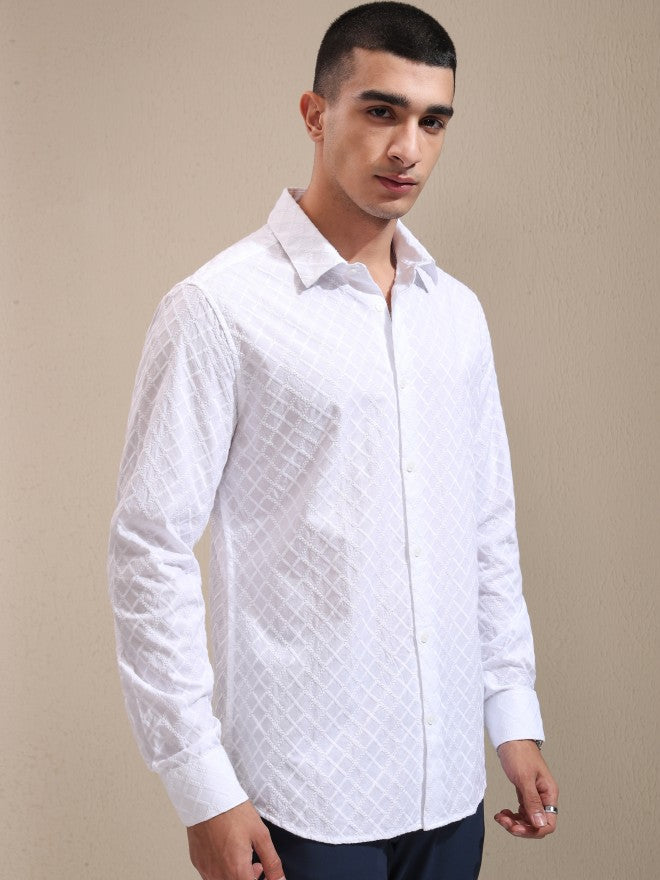 Highlander Men White Textured Slim Fit Casual Shirt - White - Image 6