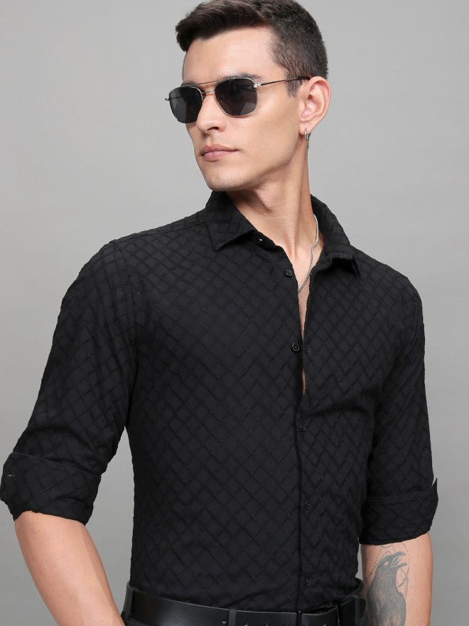 Highlander Men Black Textured Slim Fit Casual Shirt - Black - Image 1