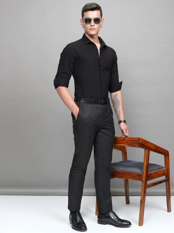 Highlander Men Black Textured Slim Fit Casual Shirt - Black - Image 2