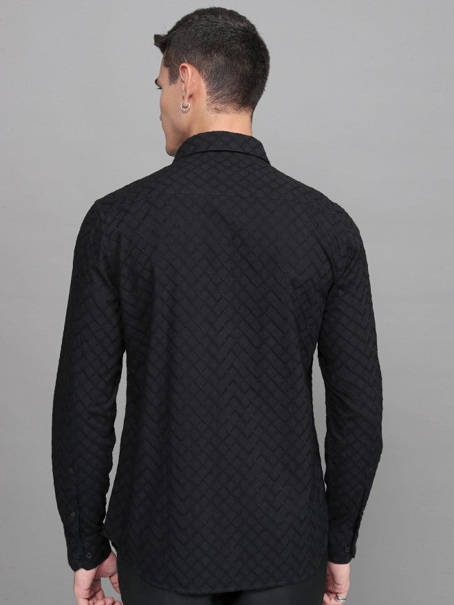 Highlander Men Black Textured Slim Fit Casual Shirt - Black - Image 3