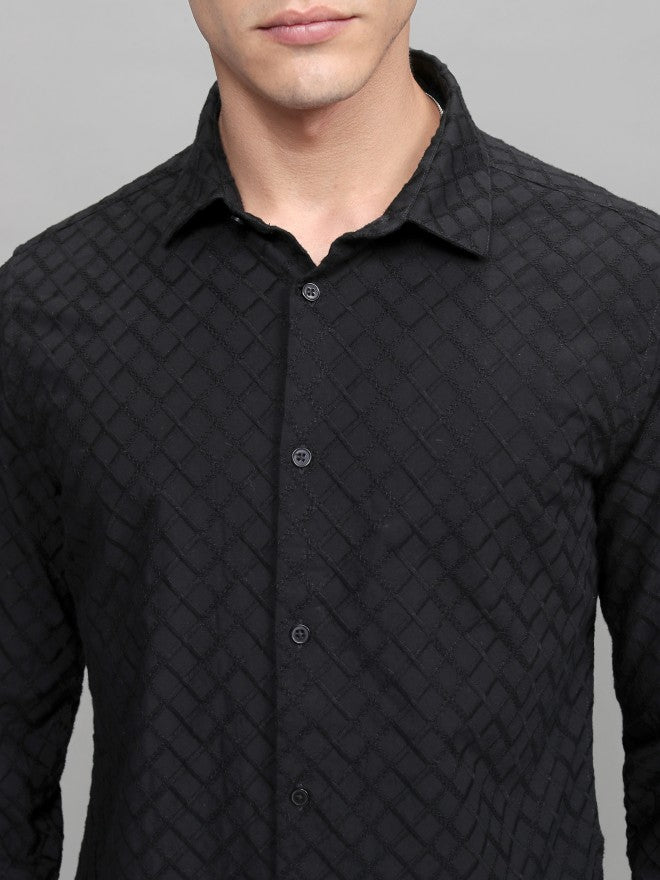 Highlander Men Black Textured Slim Fit Casual Shirt - Black - Image 5
