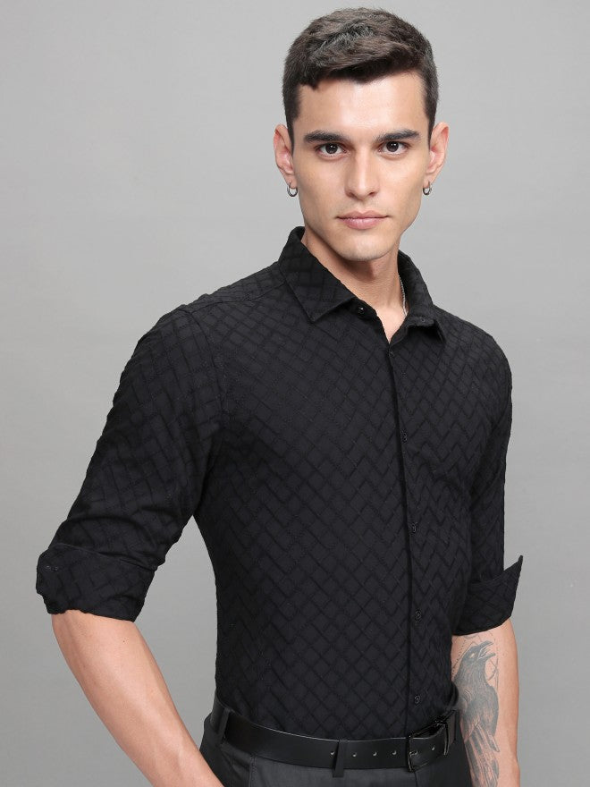 Highlander Men Black Textured Slim Fit Casual Shirt - Black - Image 6