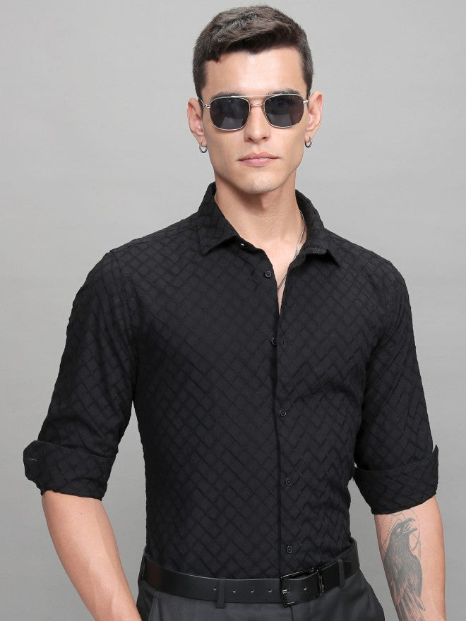 Highlander Men Black Textured Slim Fit Casual Shirt - Black - Image 7