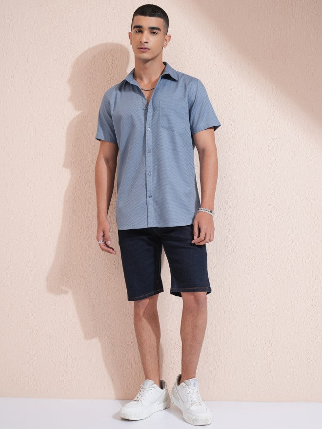 Highlander Men Blue Textured Regular Fit Casual Shirt - Blue - Image 2