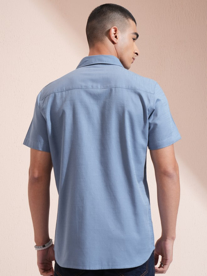 Highlander Men Blue Textured Regular Fit Casual Shirt - Blue - Image 3