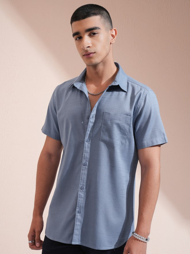 Highlander Men Blue Textured Regular Fit Casual Shirt - Blue - Image 4