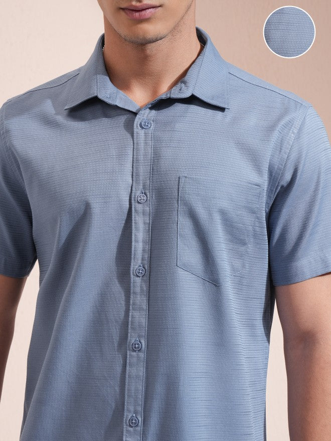 Highlander Men Blue Textured Regular Fit Casual Shirt - Blue - Image 5