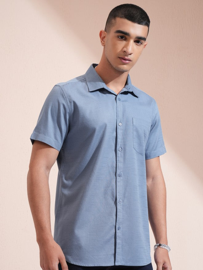 Highlander Men Blue Textured Regular Fit Casual Shirt - Blue - Image 6