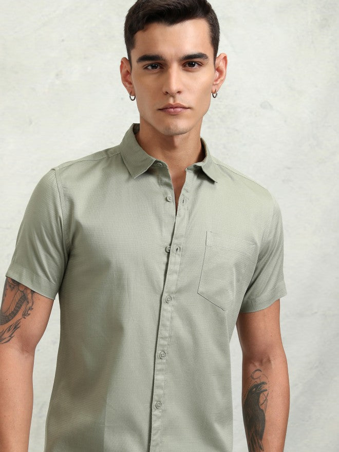 Highlander Men Olive Textured Regular Fit Casual Shirt - Olive - Image 1