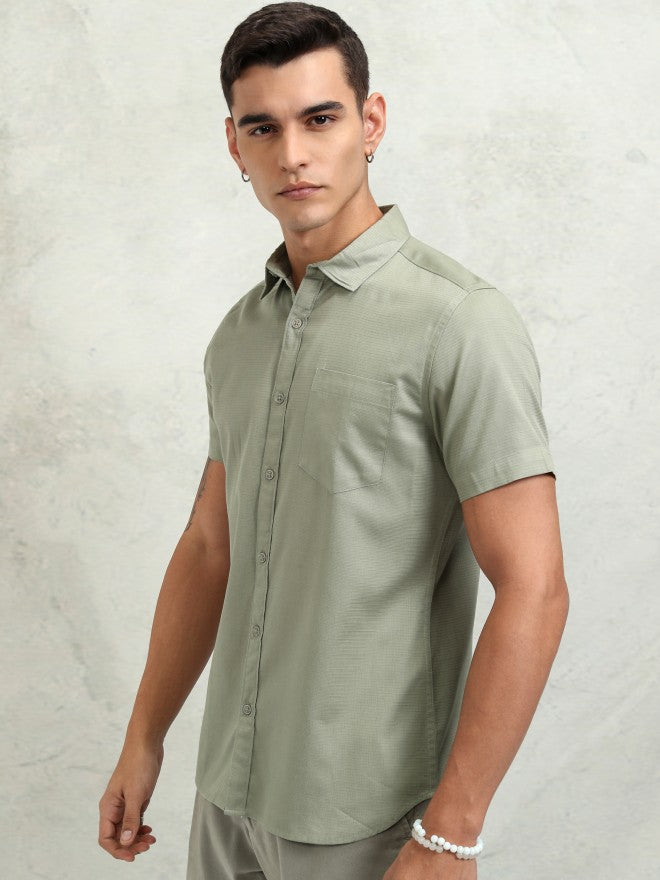 Highlander Men Olive Textured Regular Fit Casual Shirt - Olive - Image 4