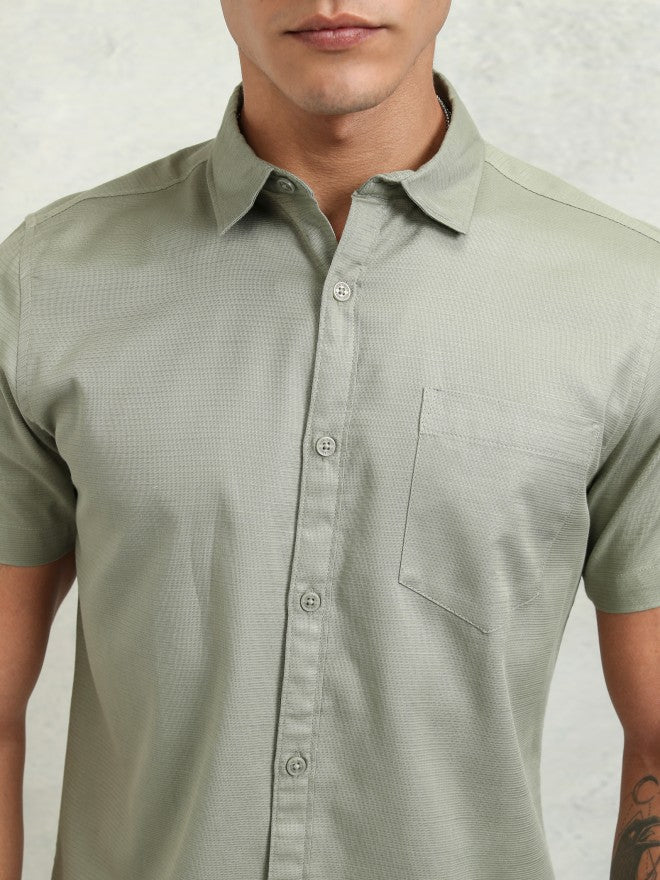 Highlander Men Olive Textured Regular Fit Casual Shirt - Olive - Image 5