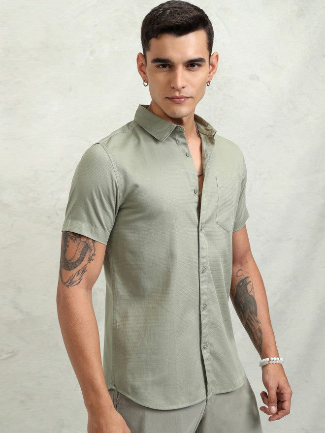 Highlander Men Olive Textured Regular Fit Casual Shirt - Olive - Image 6