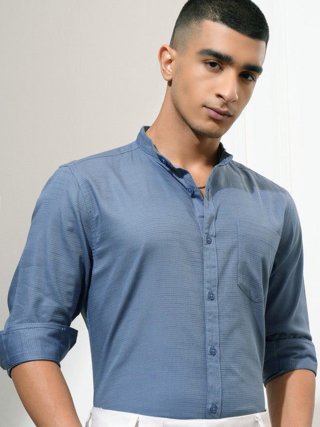 Highlander Men Blue Textured Regular Fit Casual Shirt - Blue - Image 1