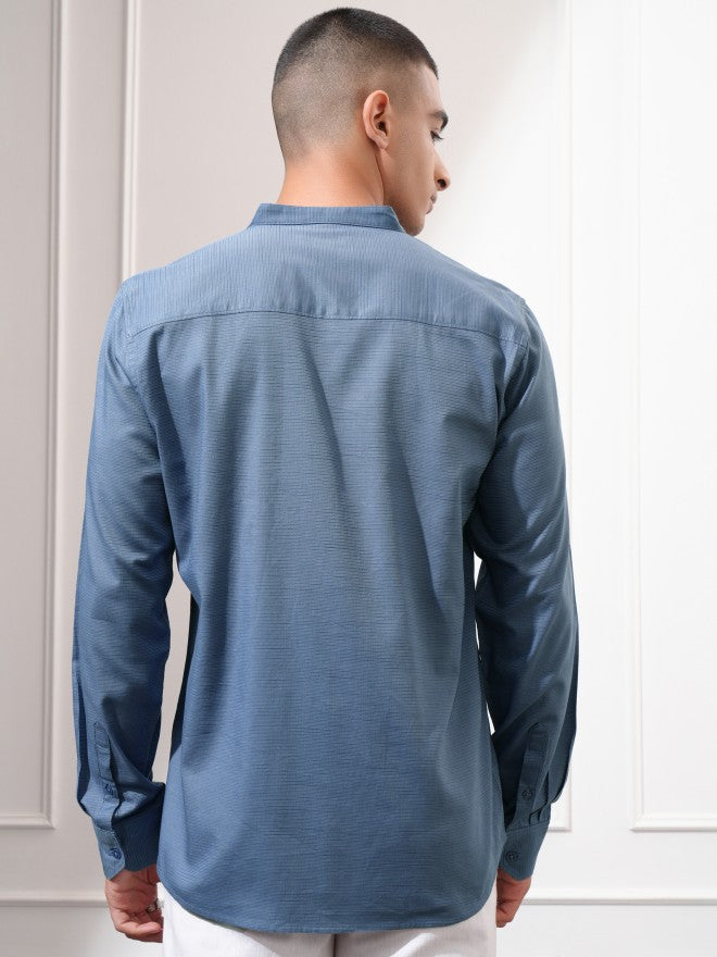 Highlander Men Blue Textured Regular Fit Casual Shirt - Blue - Image 3