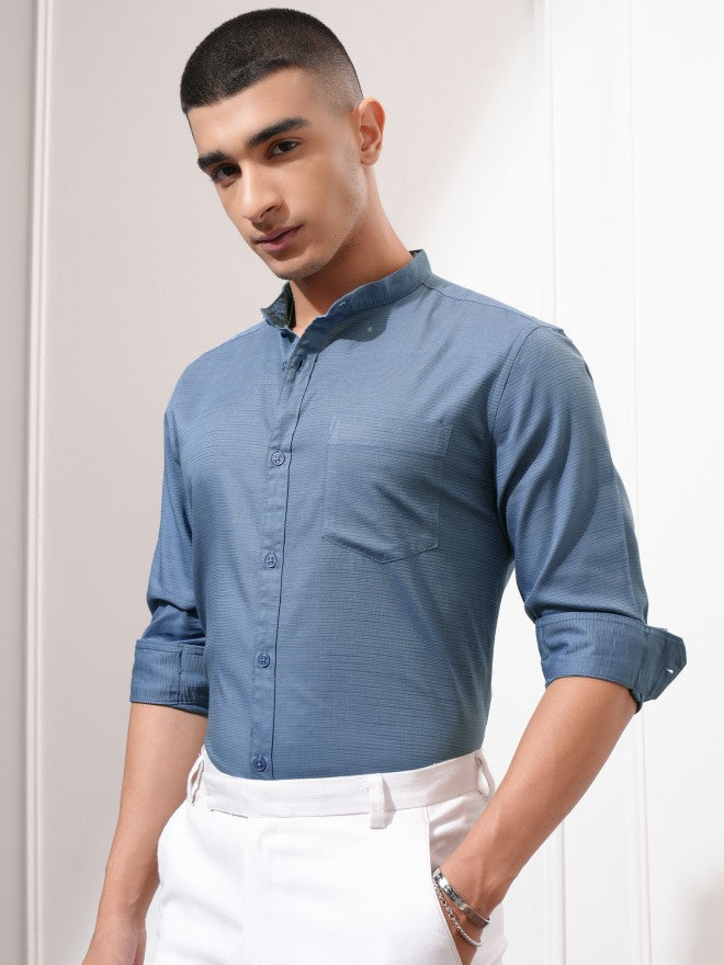 Highlander Men Blue Textured Regular Fit Casual Shirt - Blue - Image 4