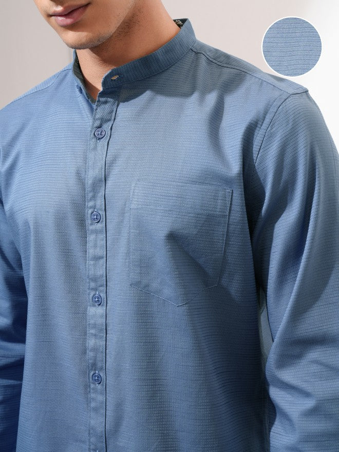 Highlander Men Blue Textured Regular Fit Casual Shirt - Blue - Image 5