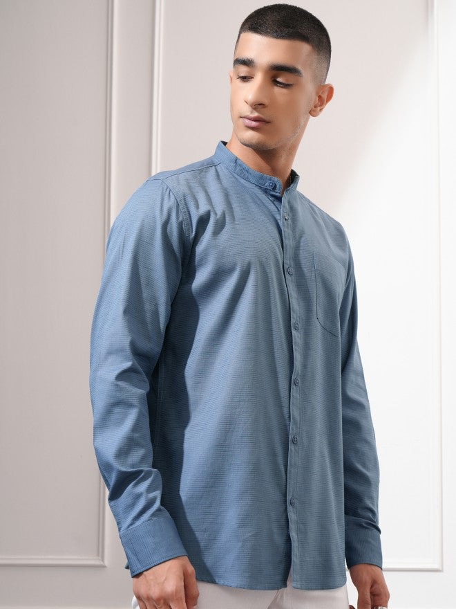 Highlander Men Blue Textured Regular Fit Casual Shirt - Blue - Image 6