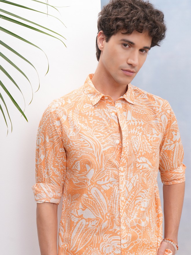 Highlander Men Orange Printed Regular Fit Casual Shirt - Orange - Image 1